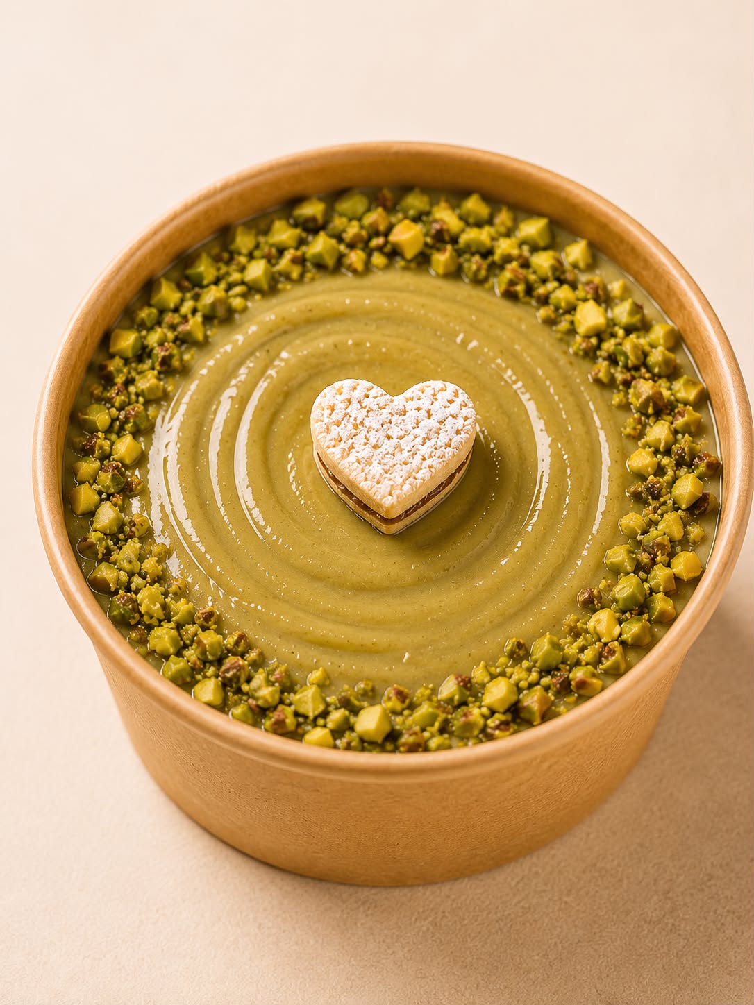 Postre de pistacho con galleta en forma de corazón