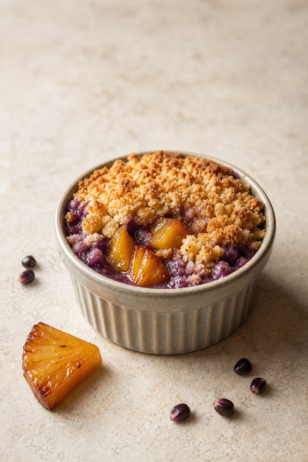Crumble artesanal de maíz morado y piña caramelizada